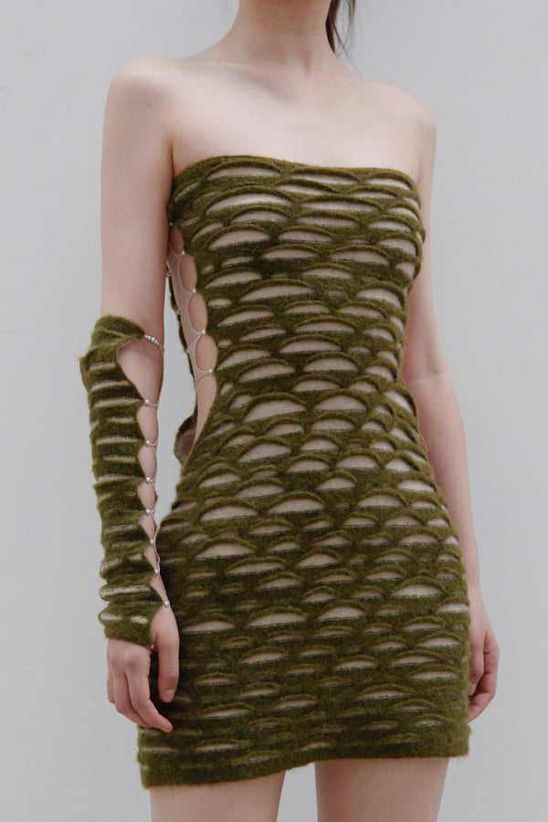 Rui Zhou Animal Print Tube Top Dress RUI-RAW23KN03-KQLMB Khaki Green & Off-White + Oatmeal